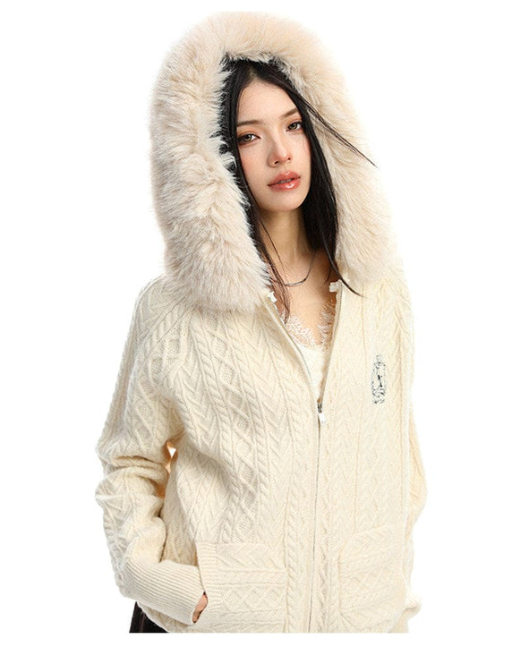 TALKLESSFASHION BIGGOLD Christmas and New Year fur collar hooded red sweater women's autumn and winter atmosphere warm knitted cardigan top