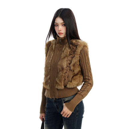 TALKLESSFASHION BIGGOLD Eco-friendly Fur Patchwork Stand Collar Twist Sweater Women's Autumn and Winter Slim Slimming Warm Knitwear Jacket