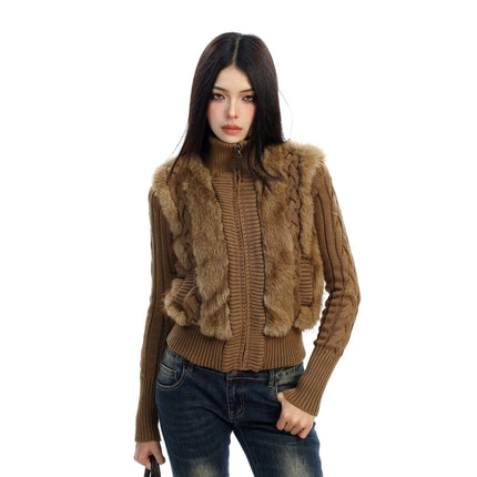 TALKLESSFASHION BIGGOLD Eco-friendly Fur Patchwork Stand Collar Twist Sweater Women's Autumn and Winter Slim Slimming Warm Knitwear Jacket