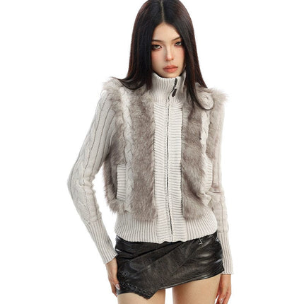 TALKLESSFASHION BIGGOLD Eco-friendly Fur Patchwork Stand Collar Twist Sweater Women's Autumn and Winter Slim Slimming Warm Knitwear Jacket
