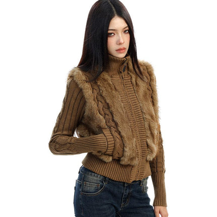 TALKLESSFASHION BIGGOLD Eco-friendly Fur Patchwork Stand Collar Twist Sweater Women's Autumn and Winter Slim Slimming Warm Knitwear Jacket