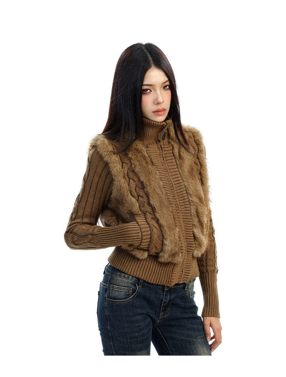 TALKLESSFASHION BIGGOLD Eco-friendly Fur Patchwork Stand Collar Twist Sweater Women's Autumn and Winter Slim Slimming Warm Knitwear Jacket