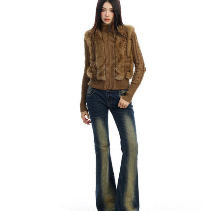 TALKLESSFASHION BIGGOLD Eco-friendly Fur Patchwork Stand Collar Twist Sweater Women's Autumn and Winter Slim Slimming Warm Knitwear Jacket