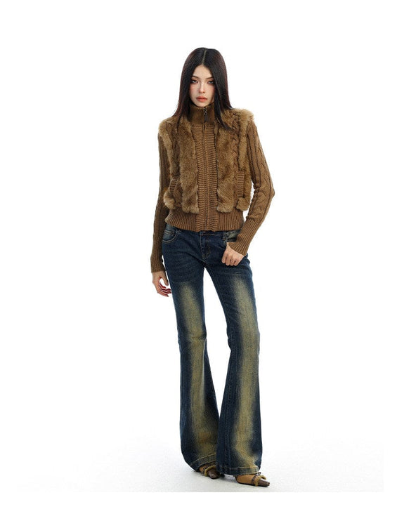 TALKLESSFASHION BIGGOLD Eco-friendly Fur Patchwork Stand Collar Twist Sweater Women's Autumn and Winter Slim Slimming Warm Knitwear Jacket