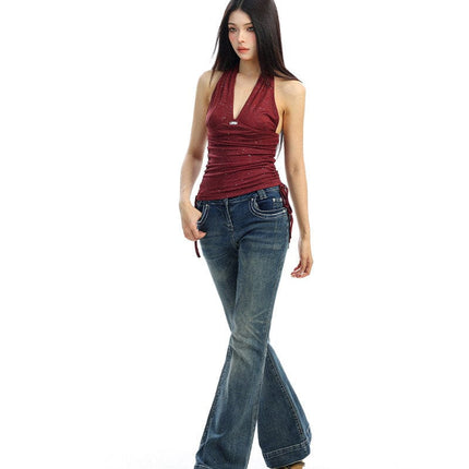 TALKLESSFASHION BIGGOLD hot girl pure desire backless V-neck red neck camisole female slim waist short sleeveless top