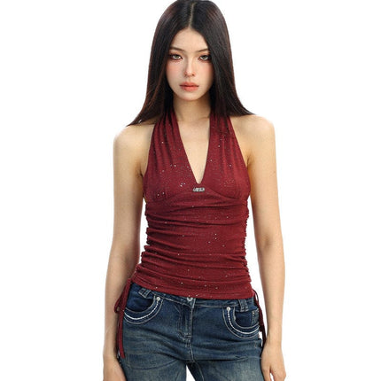 TALKLESSFASHION BIGGOLD hot girl pure desire backless V-neck red neck camisole female slim waist short sleeveless top
