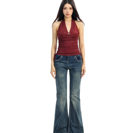 TALKLESSFASHION BIGGOLD hot girl pure desire backless V-neck red neck camisole female slim waist short sleeveless top