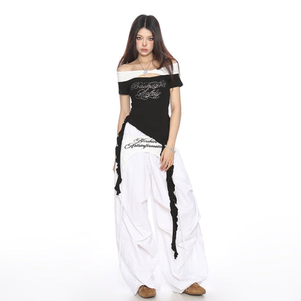 TALKLESSFASHION BIGGOLD one-neck short-sleeved T-shirt women's summer slimming cropped top irregular tassel diamond-encrusted casual T-shirt