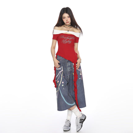 TALKLESSFASHION BIGGOLD one-neck short-sleeved T-shirt women's summer slimming cropped top irregular tassel diamond-encrusted casual T-shirt