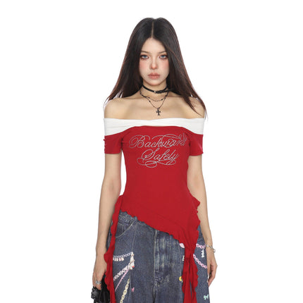 TALKLESSFASHION BIGGOLD one-neck short-sleeved T-shirt women's summer slimming cropped top irregular tassel diamond-encrusted casual T-shirt