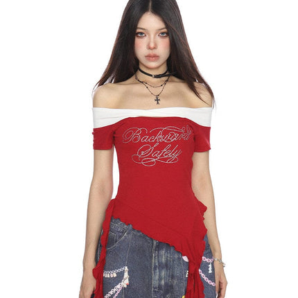 TALKLESSFASHION BIGGOLD one-neck short-sleeved T-shirt women's summer slimming cropped top irregular tassel diamond-encrusted casual T-shirt