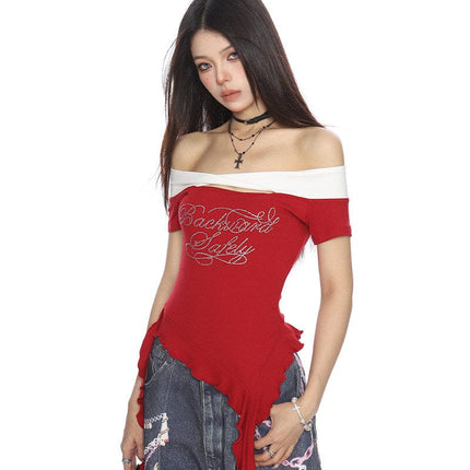 TALKLESSFASHION BIGGOLD one-neck short-sleeved T-shirt women's summer slimming cropped top irregular tassel diamond-encrusted casual T-shirt