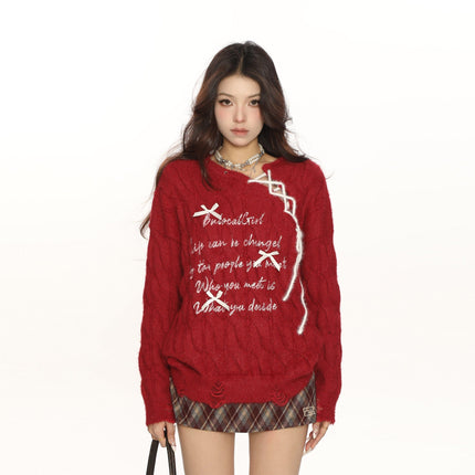 TALKLESSFASHION BIGGOLD Red New Year's Jersey Bow Tie Sweater Women's Autumn and Winter Lazy Wind Soft Waxy Knit Top