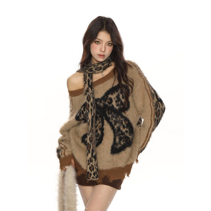 TALKLESSFASHION BIGGOLD sweet cool slanted shoulder leopard print bow soft glut sweater women's autumn and winter lazy style reversible knitwear trend