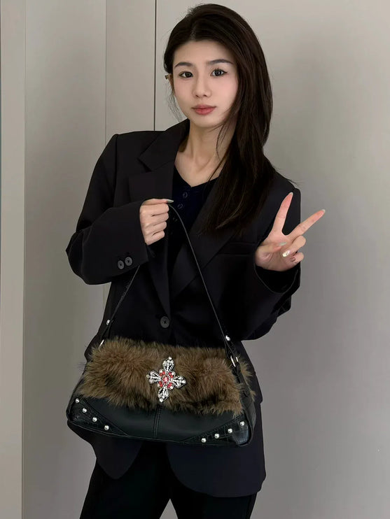 TALKLESSFASHION Black and brown color matching MoonCat original plush sweet cool underarm bag personality niche rhinestone millennial hot girl one-shoulder autumn and winter bag bag girl