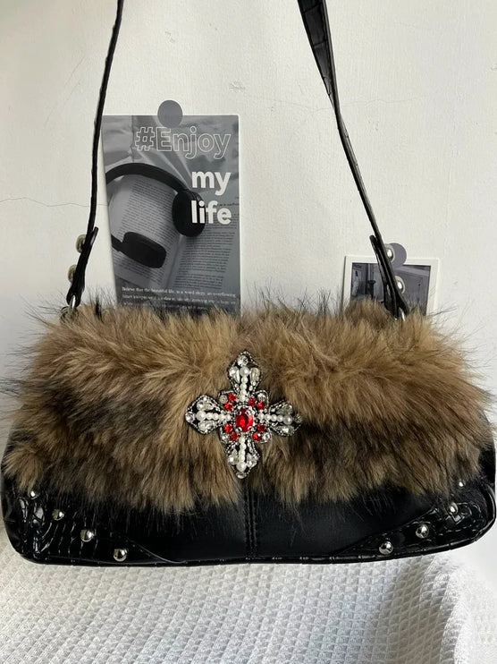 TALKLESSFASHION Black and brown color matching MoonCat original plush sweet cool underarm bag personality niche rhinestone millennial hot girl one-shoulder autumn and winter bag bag girl