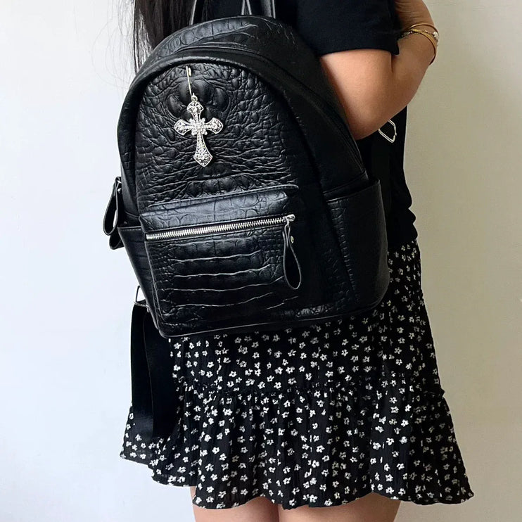 TALKLESSFASHION black MoonCat original black gothic crocodile pattern backpack school bag men's and women's premium texture niche y2k backpack