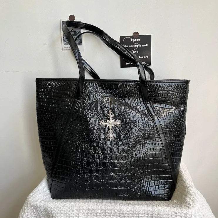 TALKLESSFASHION black MoonCat's original niche design cross crocodile tote bag large capacity premium shoulder tote bag