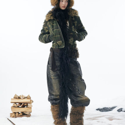 TALKLESSFASHION Camo Wash Detachable Fur Jacket
