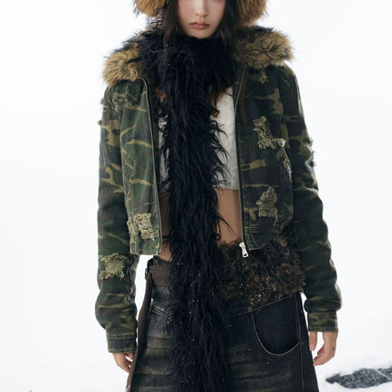 TALKLESSFASHION Camo Wash Detachable Fur Jacket