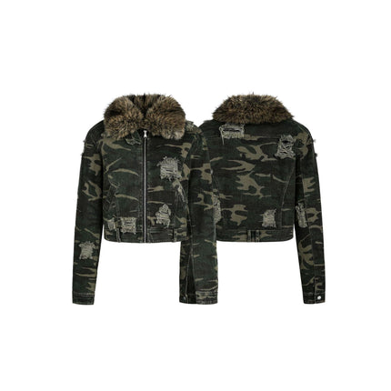 TALKLESSFASHION Camo Wash Detachable Fur Jacket