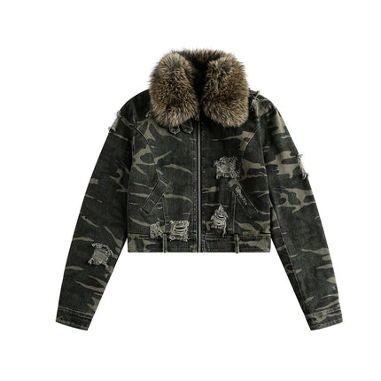TALKLESSFASHION Camo Wash Detachable Fur Jacket