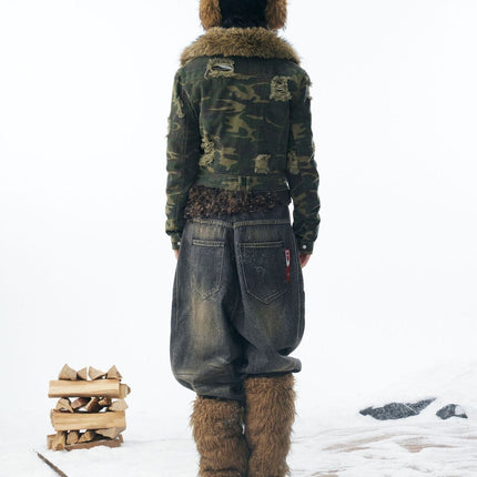 TALKLESSFASHION Camo Wash Detachable Fur Jacket