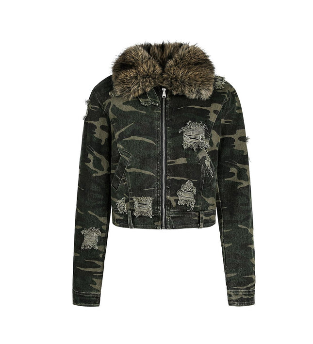 TALKLESSFASHION Camo Wash Detachable Fur Jacket