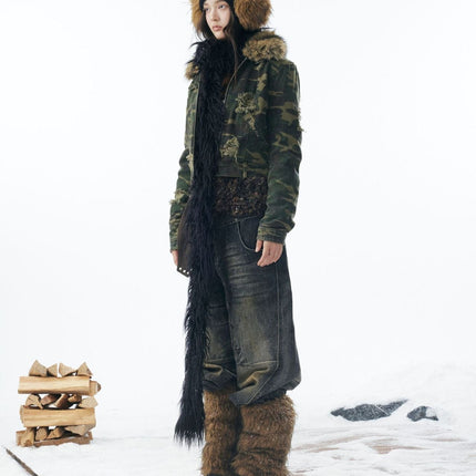 TALKLESSFASHION Camo Wash Detachable Fur Jacket