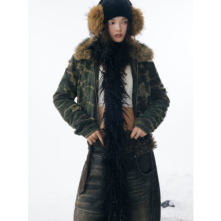TALKLESSFASHION Camo Wash Detachable Fur Jacket