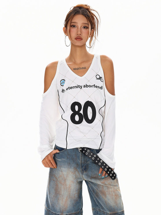 TALKLESSFASHION Cyber-Sport Digital Off-Shoulder Top