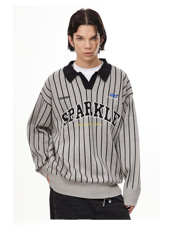 TALKLESSFASHION Dark Grey / S American retro polo collar striped sweater —-7087