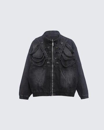 TALKLESSFASHION Dark retro washed shoulder pads ripped denim jacket