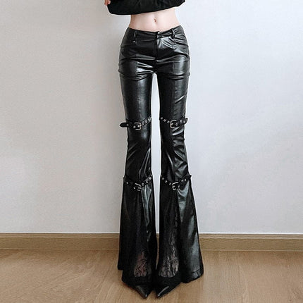 TALKLESSFASHION Dark style corn Japanese button lace spliced leather bell bottoms hot girl street sexy low-waisted slim trousers