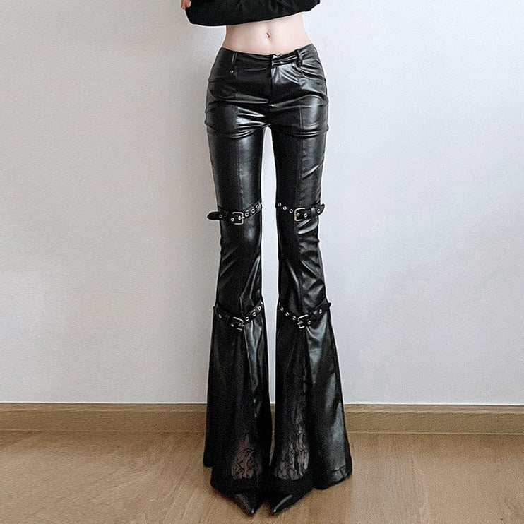 TALKLESSFASHION Dark style corn Japanese button lace spliced leather bell bottoms hot girl street sexy low-waisted slim trousers