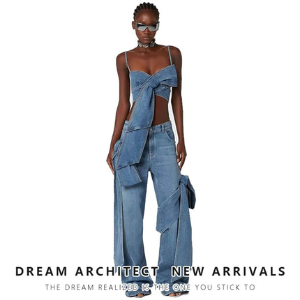 TALKLESSFASHION Denim Bow Bandeau Wide-Leg Set
