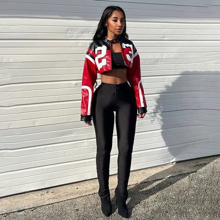 TALKLESSFASHION European and American foreign trade 2025 summer women's new fashion locomotive contrast embroidery splicing slim imitation leather jacket jacket