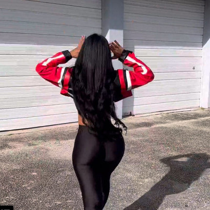 TALKLESSFASHION European and American foreign trade 2025 summer women's new fashion locomotive contrast embroidery splicing slim imitation leather jacket jacket