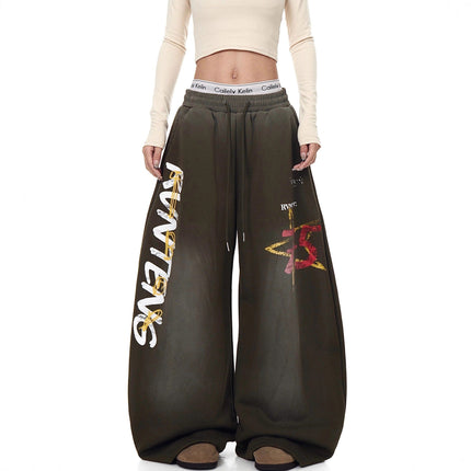 TALKLESSFASHION European and American vintage graffiti hot girl style star letter print washed gradient sweatpants women's autumn jazz dance scimitar pants