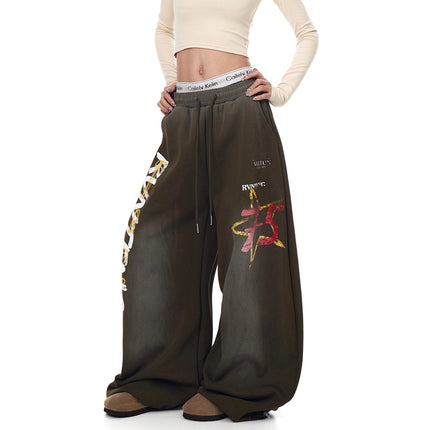 TALKLESSFASHION European and American vintage graffiti hot girl style star letter print washed gradient sweatpants women's autumn jazz dance scimitar pants