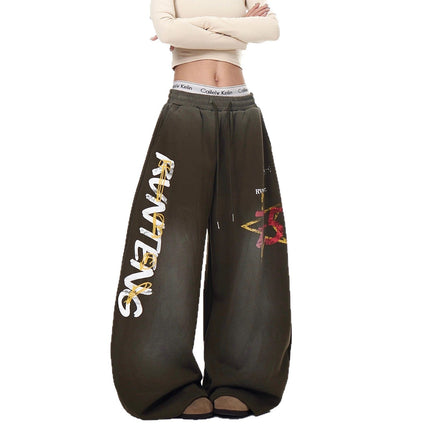 TALKLESSFASHION European and American vintage graffiti hot girl style star letter print washed gradient sweatpants women's autumn jazz dance scimitar pants