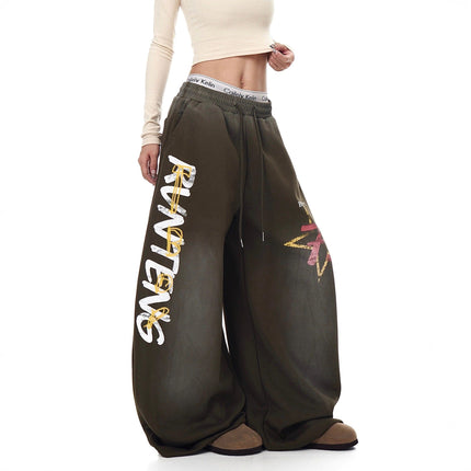TALKLESSFASHION European and American vintage graffiti hot girl style star letter print washed gradient sweatpants women's autumn jazz dance scimitar pants
