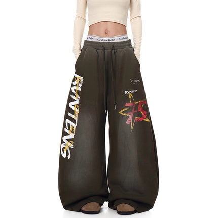 TALKLESSFASHION European and American vintage graffiti hot girl style star letter print washed gradient sweatpants women's autumn jazz dance scimitar pants
