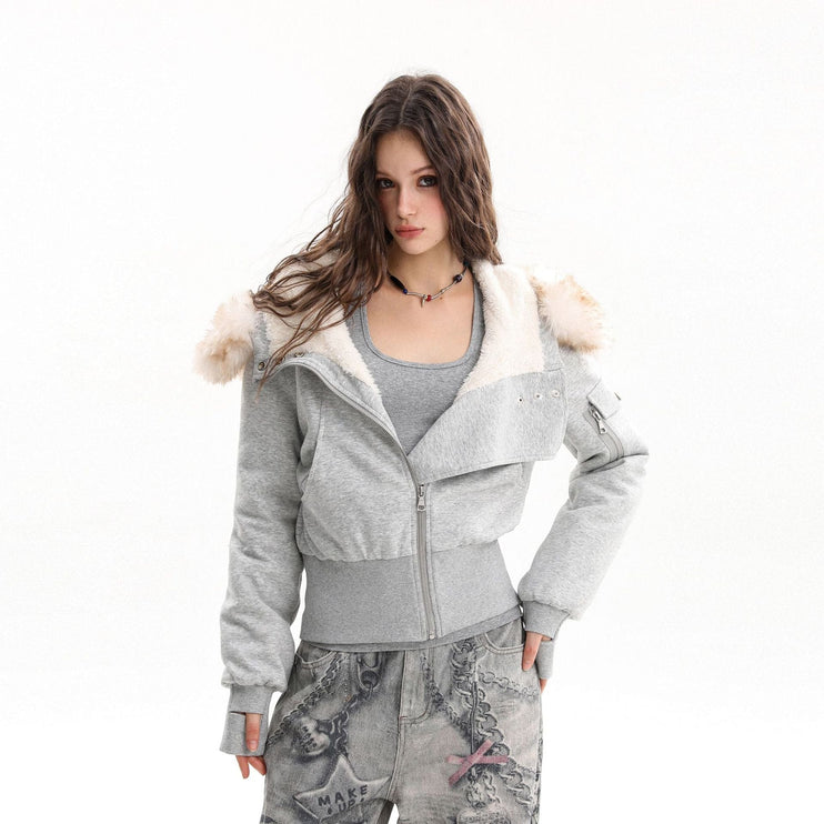 TALKLESSFASHION Fleece Lined Padded Clothes Fur Collar Jacket