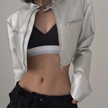 TALKLESSFASHION Functional style, silver stand-up collar, zipper, cropped leather jacket, hot girl, street personality, slim fit, crop top, versatile jacket