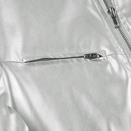 TALKLESSFASHION Functional style, silver stand-up collar, zipper, cropped leather jacket, hot girl, street personality, slim fit, crop top, versatile jacket