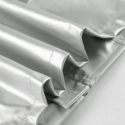 TALKLESSFASHION Functional style, silver stand-up collar, zipper, cropped leather jacket, hot girl, street personality, slim fit, crop top, versatile jacket