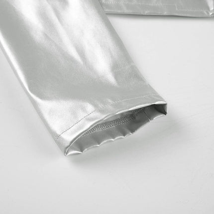 TALKLESSFASHION Functional style, silver stand-up collar, zipper, cropped leather jacket, hot girl, street personality, slim fit, crop top, versatile jacket