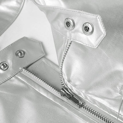TALKLESSFASHION Functional style, silver stand-up collar, zipper, cropped leather jacket, hot girl, street personality, slim fit, crop top, versatile jacket