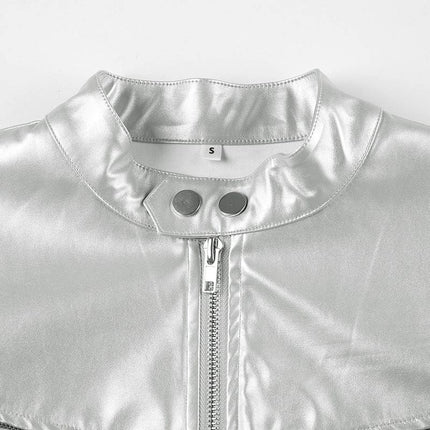 TALKLESSFASHION Functional style, silver stand-up collar, zipper, cropped leather jacket, hot girl, street personality, slim fit, crop top, versatile jacket